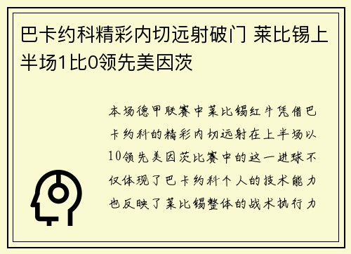 巴卡约科精彩内切远射破门 莱比锡上半场1比0领先美因茨