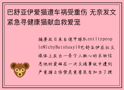 巴舒亚伊爱猫遭车祸受重伤 无奈发文紧急寻健康猫献血救爱宠