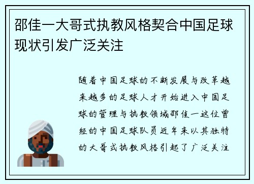 邵佳一大哥式执教风格契合中国足球现状引发广泛关注